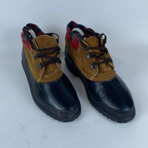 Danexx Duck Ankle Snow Boots Womens‎ Size 8 Black Brown Suede Flannel Style Trim